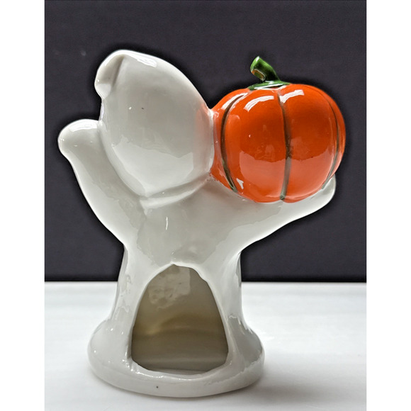 Vtg Midwest Cannon Falls Halloween Ceramic Ghost Pumpkin Candle Holder Luminary - Picture 3 of 12